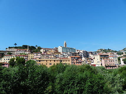 assorted color houses under blue sky, Ventimiglia, Old Town HD wallpaper