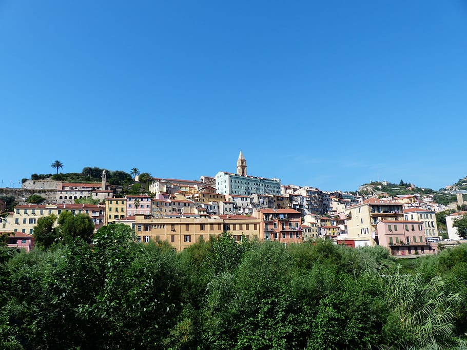 assorted color houses under blue sky, Ventimiglia, Old Town HD wallpaper