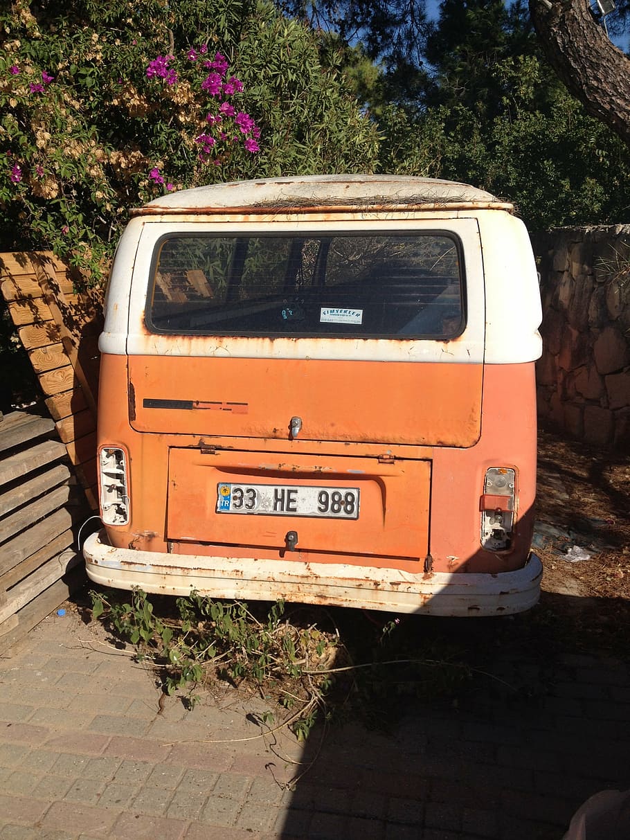 vw bus, orange, old, volkswagen, hippie, mode of transportation, HD wallpaper