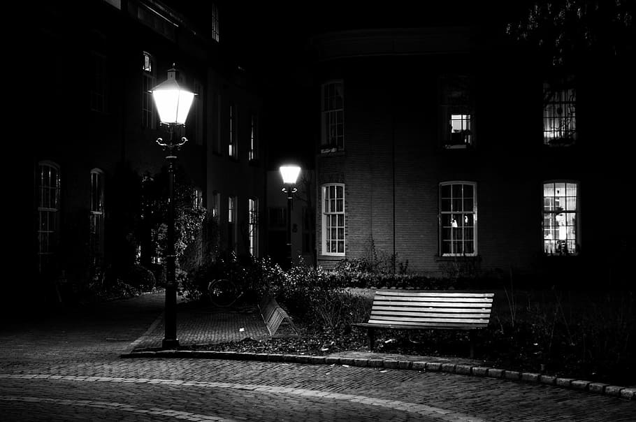 grayscale photography of turned-on post lamps beside bench, zutphen