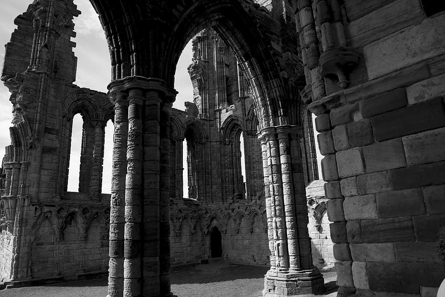 gray stone castle, whitby abbey, ruins, history, england, church
