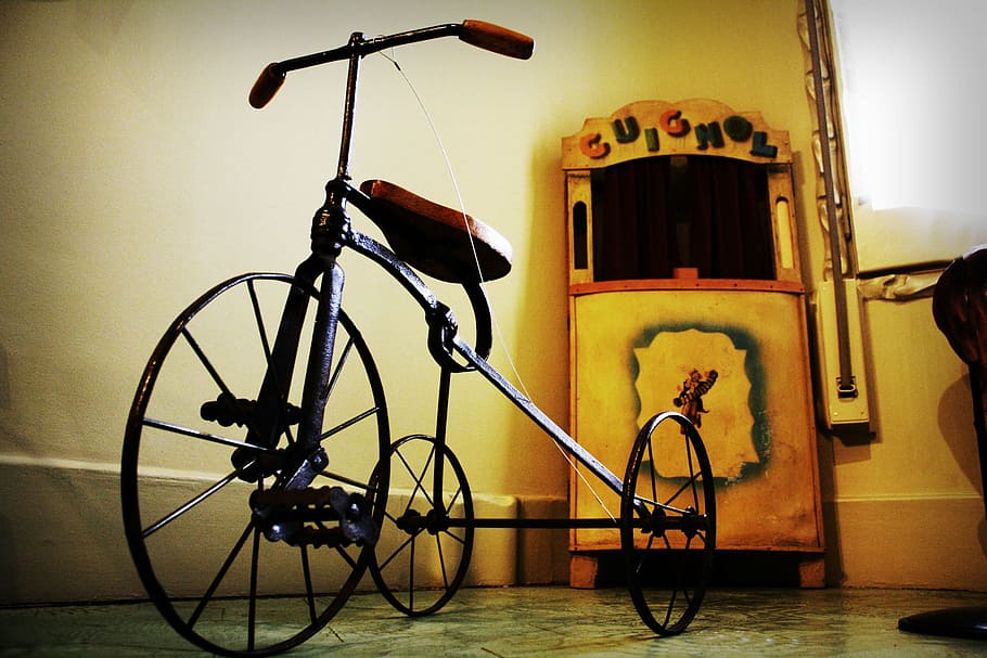 black and brown trike bicycle inside the room, person, taking