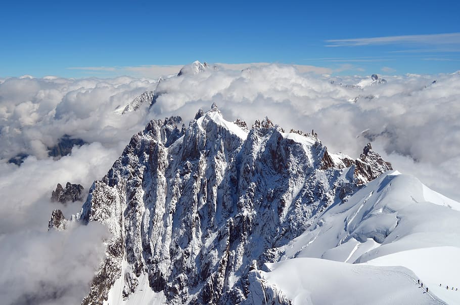 aerial photography of snow covered mountain, bird's eye view of mountain covered by snow HD wallpaper