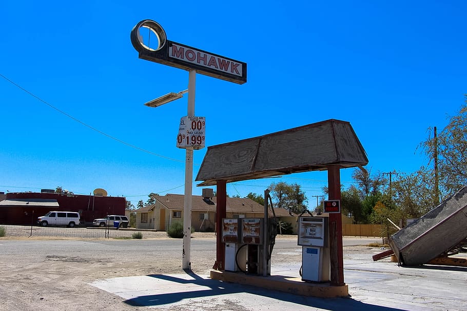 Gas Station, Old, Route 66, Car, text, blue, sky, abandoned