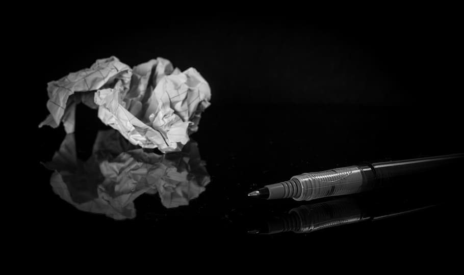 black-and-white, crumpled paper, pen, trash, black background