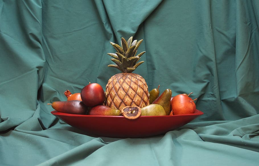 Bowl, Fruit, Pineapple, pomegranate, pears, plate, models, clay HD wallpaper