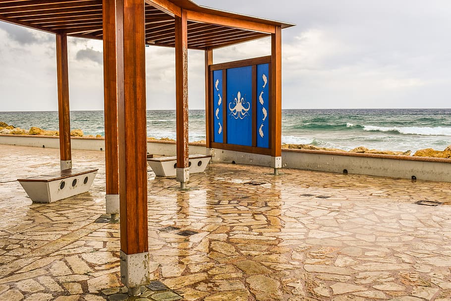Rainy Day, Kiosk, Bench, Architecture, beach, sea, waves, cloudy HD wallpaper