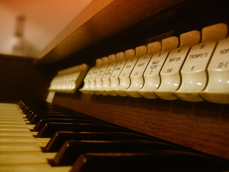 macro shot photography of piano keys, organ, instrument, church HD wallpaper