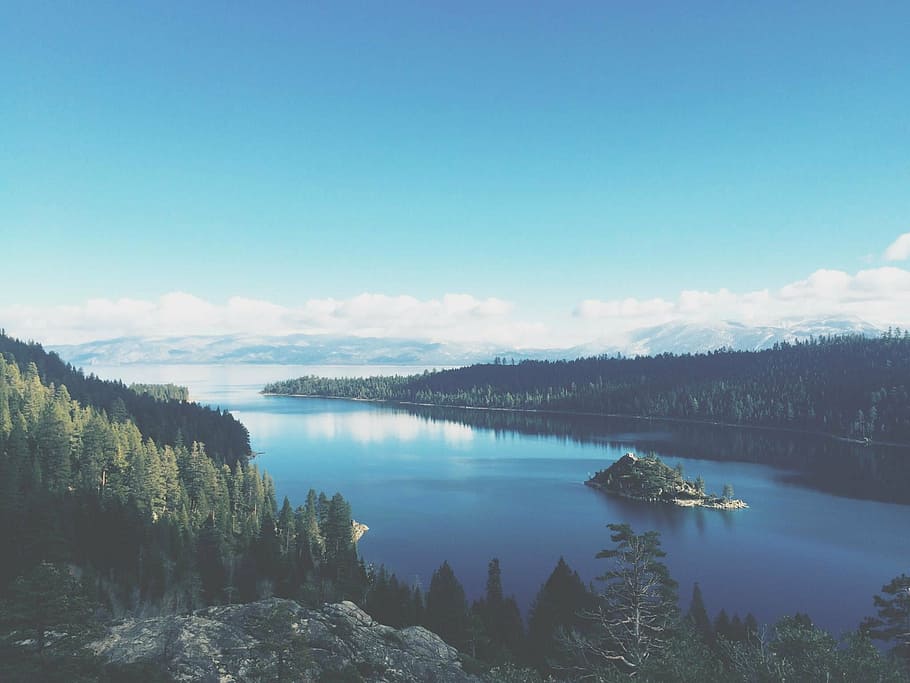 landscape photography of lake, body, water, blue, sky, clouds HD wallpaper
