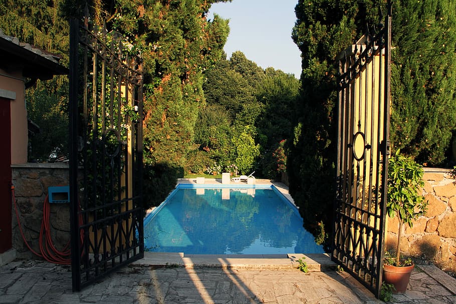 Door, Pool, Garden, tree, outdoors, water, no people, day, nature HD wallpaper