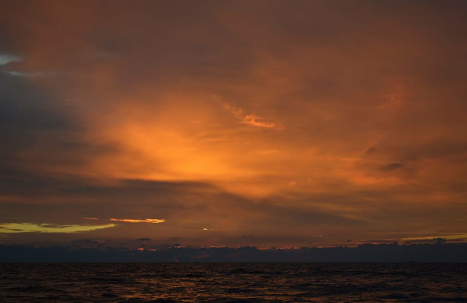sky, sun, sunset, clouds, evening sky, nature, orange, sea HD wallpaper