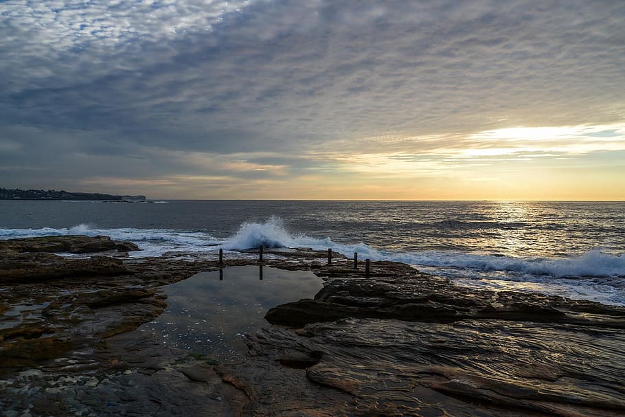 wave splashing in seashore, coogee, ocean, coast, sydney, australia HD wallpaper