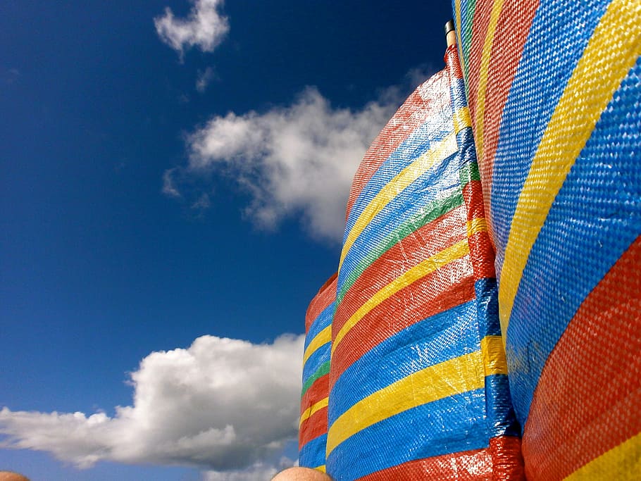 beach, windbreak, wind break, clouds, summer, multi colored, HD wallpaper