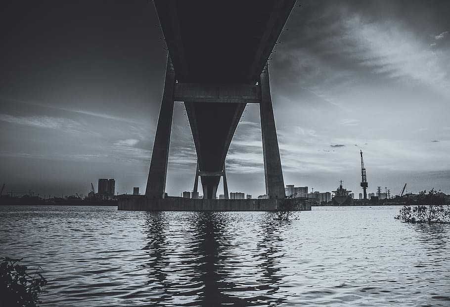 Bridge, Black, White, Color, Clouds, river, light, sun, sea HD wallpaper