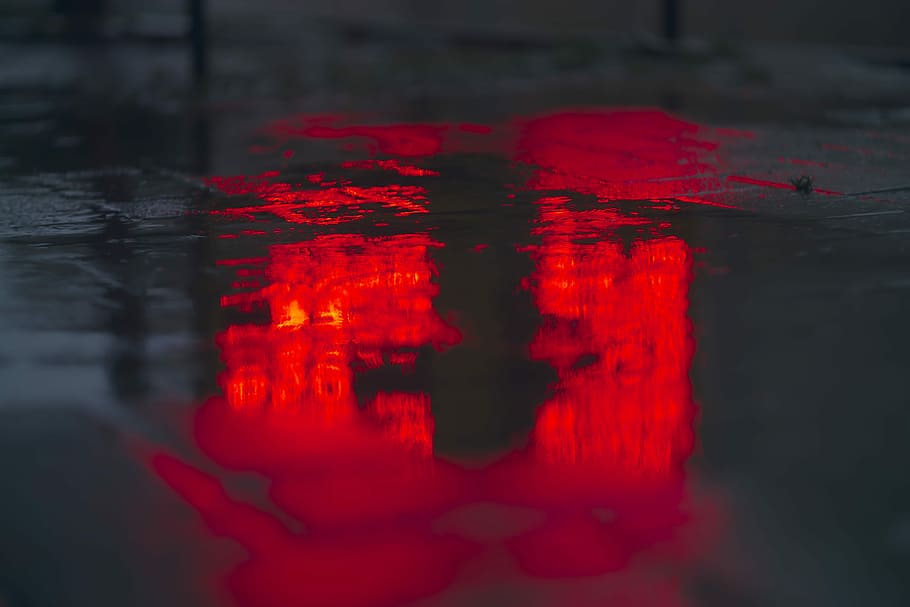 puddle on ground, untitled, dark, wet, glow, red, road, water