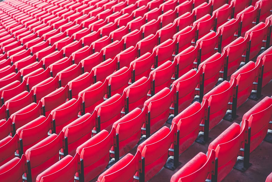 red theater chairs, red stadium seats, plastic chair, football, HD wallpaper