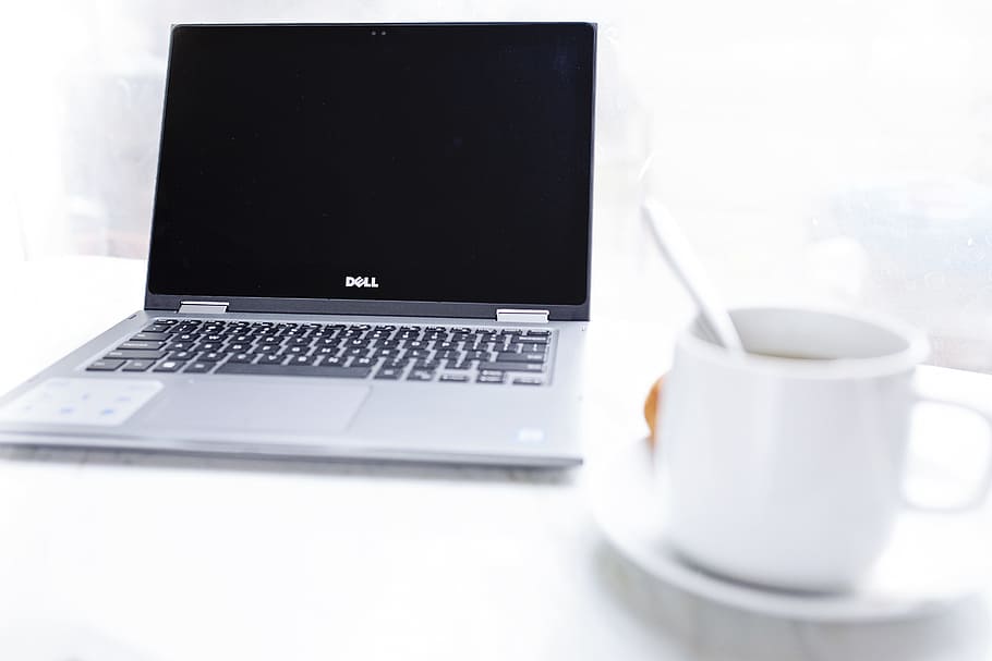 Dell Laptop in Front of Cup of Coffee, blur, close-up, computer, HD wallpaper