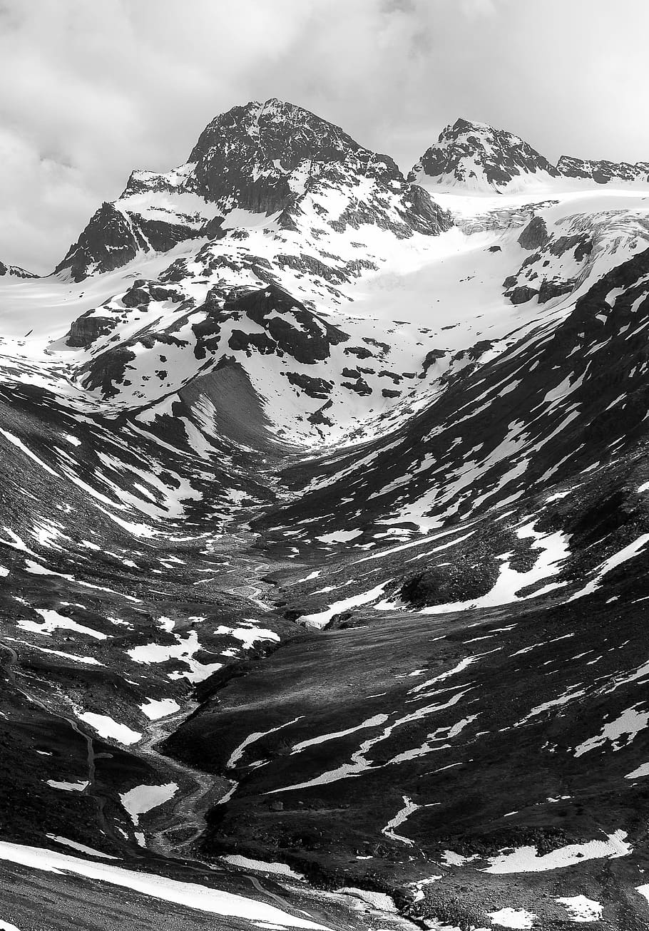 mountain, piz buin, black and white, vorarlberg, austria, snow, HD wallpaper