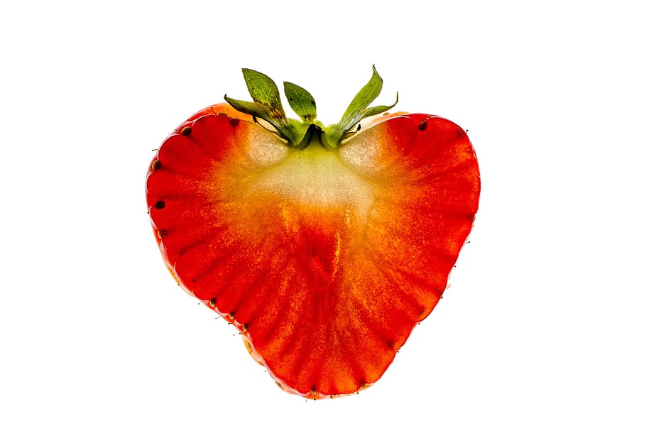 macro, white background, fruit, strawberry, red, cross section HD wallpaper