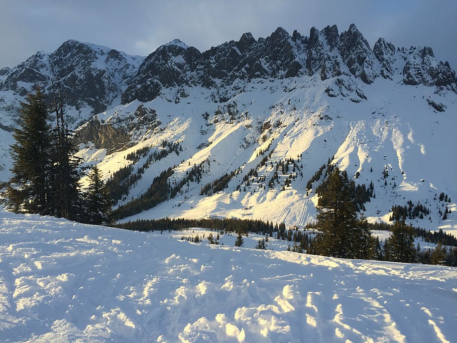 mountain, panorama, evening, snow, cold temperature, winter HD wallpaper