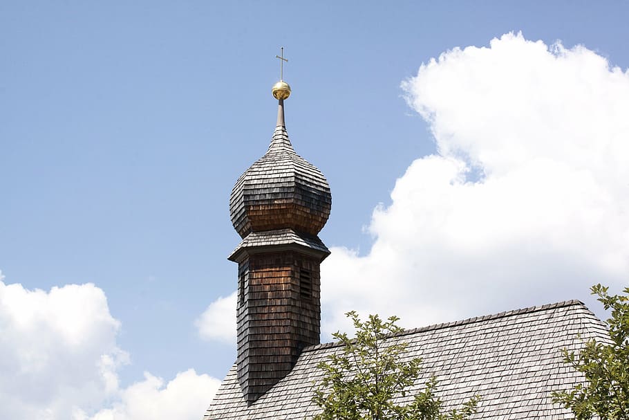 chapel, summer, sun, clouds, wood shingles, onion dome, steeple HD wallpaper