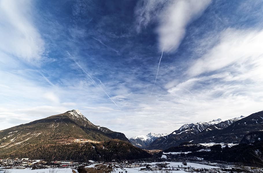 Green Mountain With Snow Field Under Blue Sky and White Clouds HD wallpaper