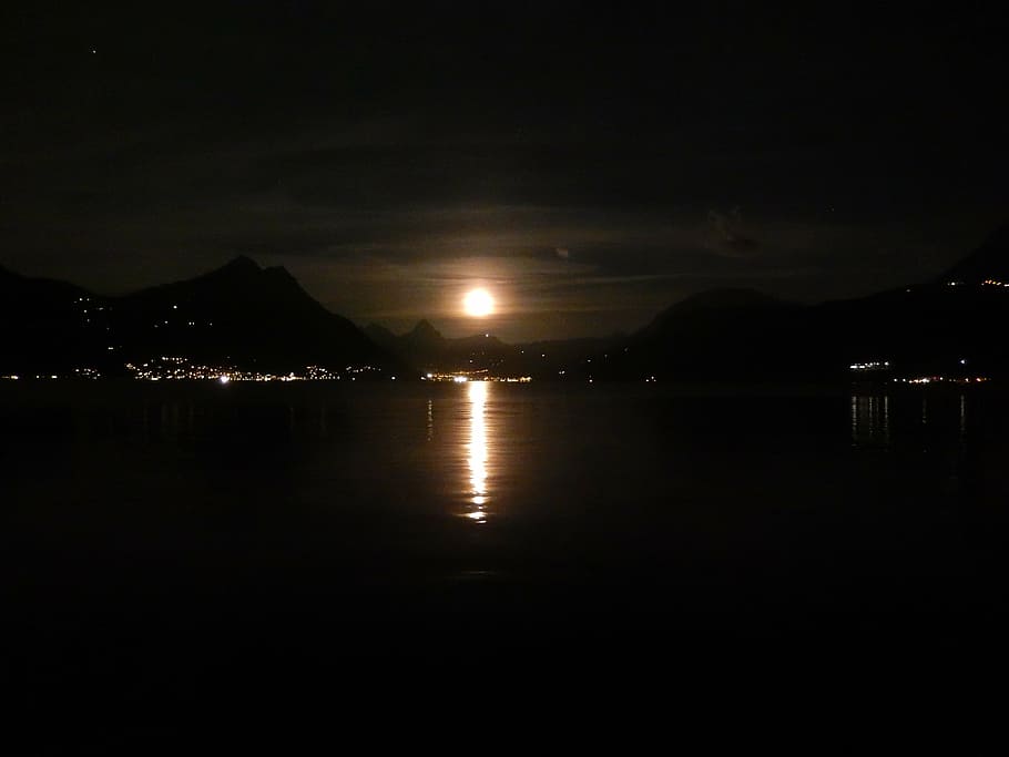 moon, lake, night, moonlight, mood, landscape, water, sky, reflection, HD wallpaper