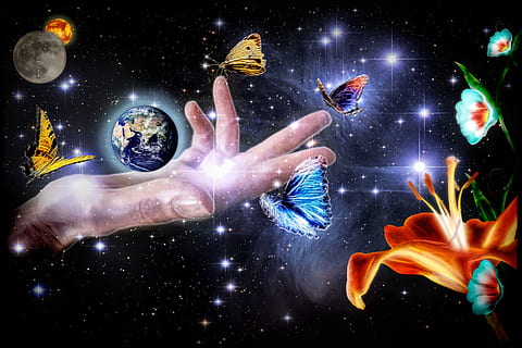 planet earth on glowing hand with moon and butterflies artwork HD wallpaper