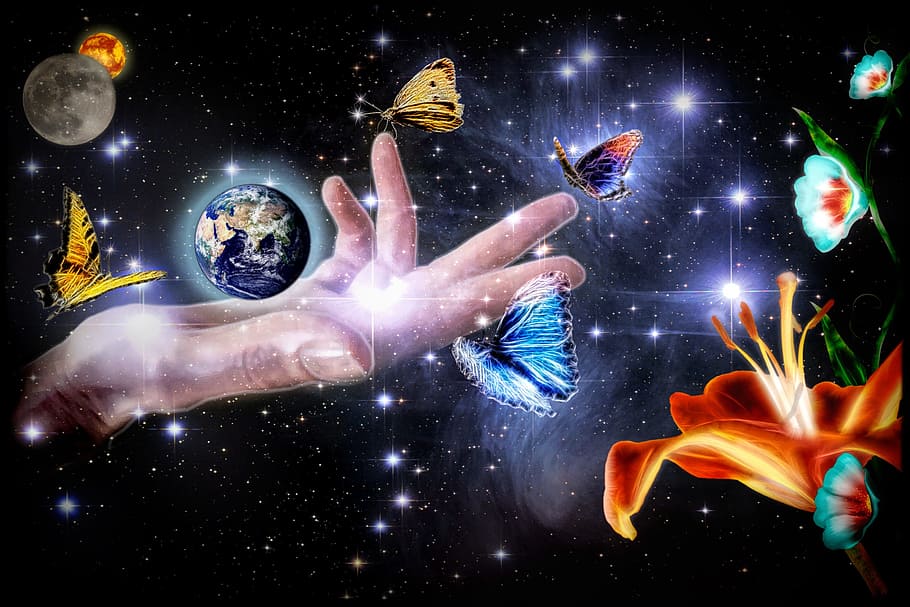 planet earth on glowing hand with moon and butterflies artwork, HD wallpaper