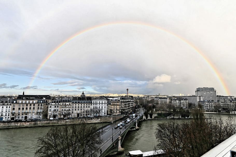 Rainbow, Paris, Colors, Sky, storm, landscape, the seine, clouds HD wallpaper