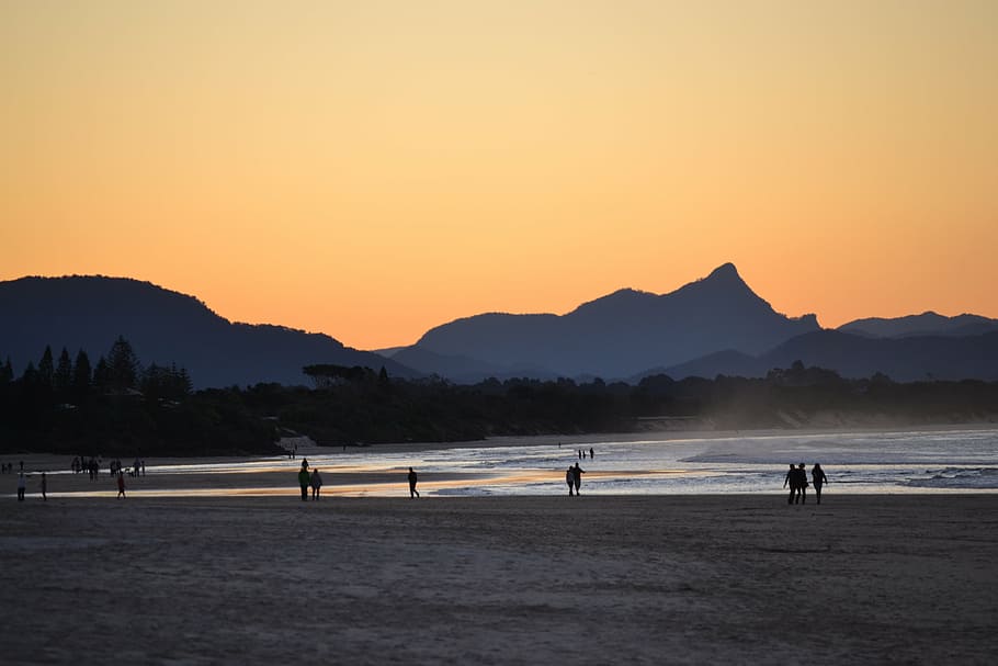 beach, people, dusk, walk, coast, sunset, sky, mountain, scenics - nature HD wallpaper