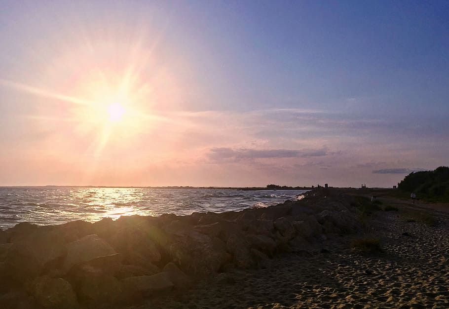 sunset, sea, beach, dawn, waters, dusk, nature, evening, sunrise HD wallpaper