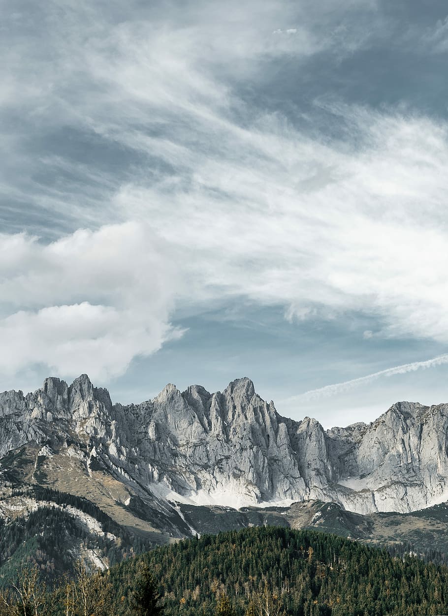 mountain near forest under clouds, mountains under white clouds HD wallpaper