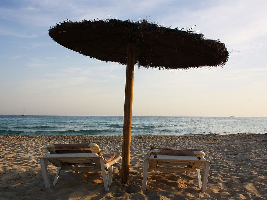 beach, sand, sea, waves, beach umbrella, chairs, sun, formentera, HD wallpaper