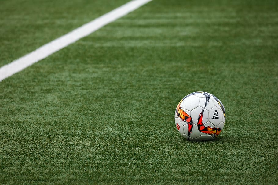 soccer ball on the field photo, sports ground, line, football, HD wallpaper
