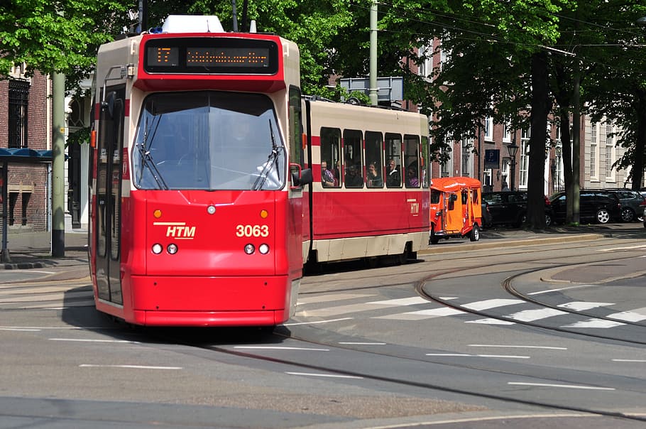 Red, Street, City, Urban, Transport, public, netherlands, tram, HD wallpaper