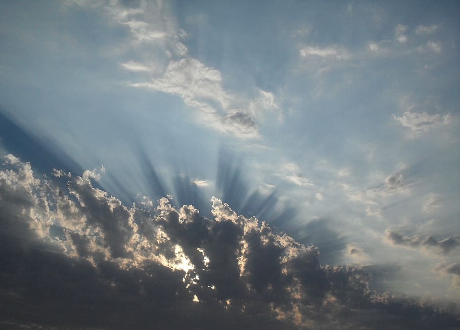 sky, clouds, light and shadow, blue sky, light rays, dark rays HD wallpaper