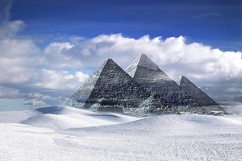 three pyramids, gizeh, egypt, snow, landscape, creative, cloudy sky HD wallpaper
