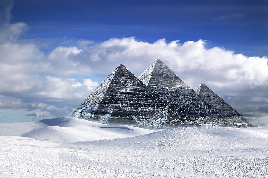 three pyramids, gizeh, egypt, snow, landscape, creative, cloudy sky HD wallpaper