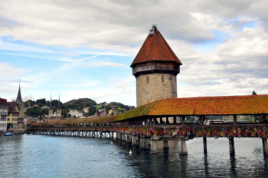 Bridge, Lucerne, River, City, architecture, built structure HD wallpaper