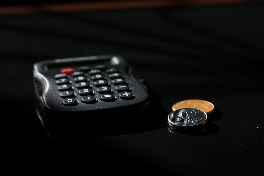 black calculator beside of two round coins, Accounting, Finance, HD wallpaper
