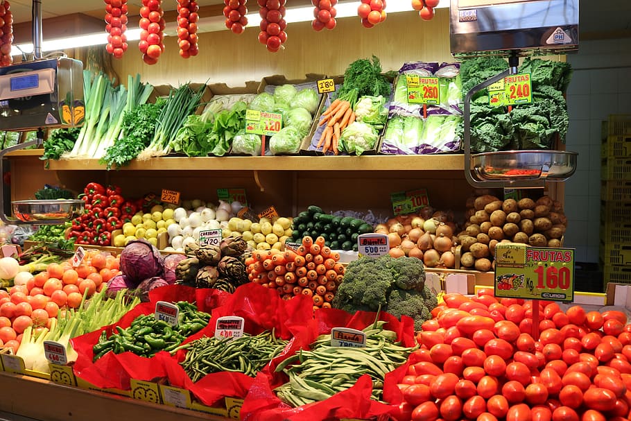variety of vegetables displayed on counter, market hall, palma