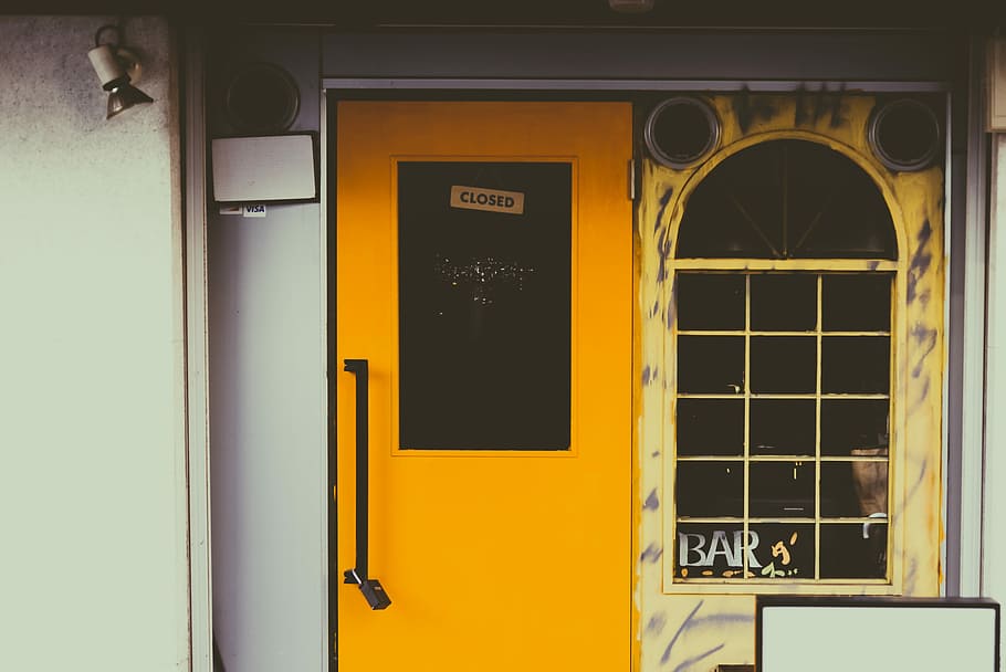 yellow wooden door, closed yellow wooden half-lite door, wall HD wallpaper