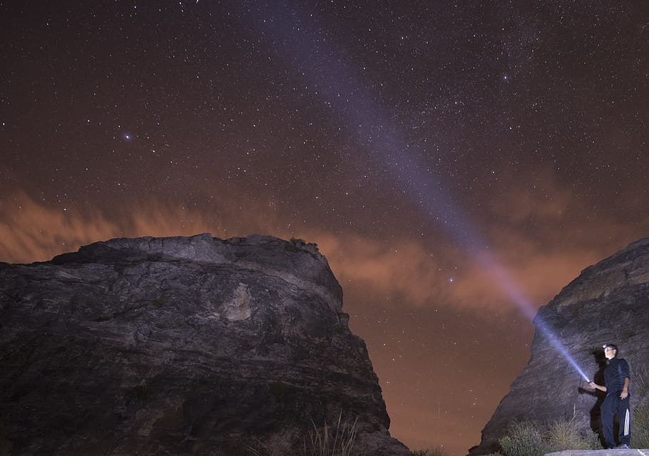 night, sky, light, space, star, clouds, dusk, at night, blue HD wallpaper