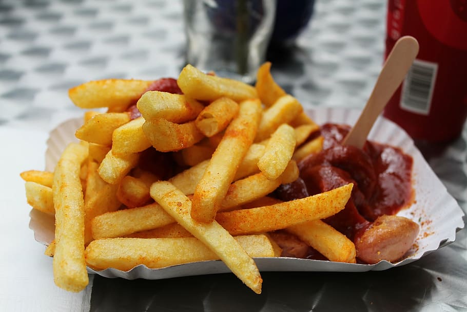 fried potato and chili sauce, french fries, fast food, junk food, HD wallpaper