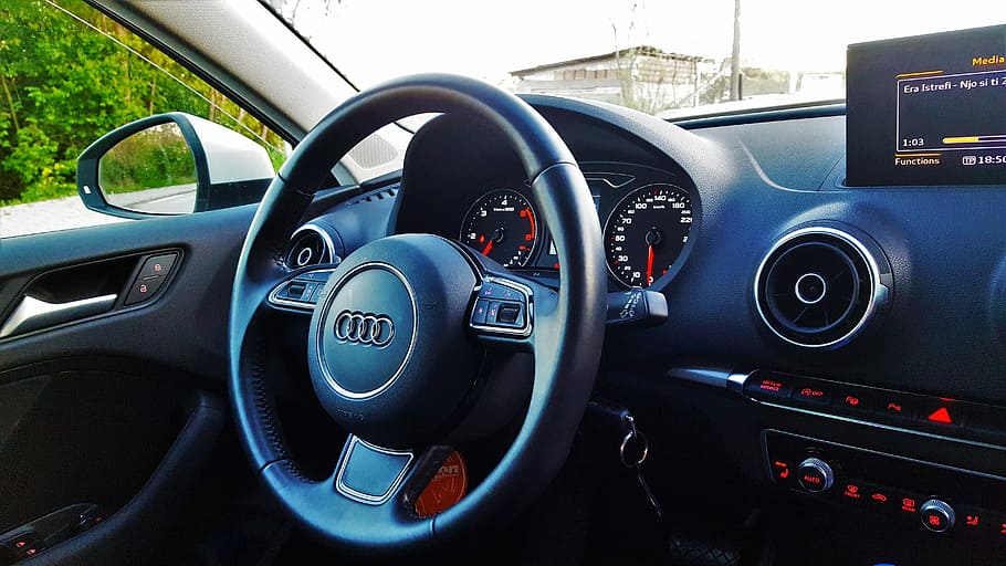 person taking photo of black Audi steering wheel, Audi, A3, Interior