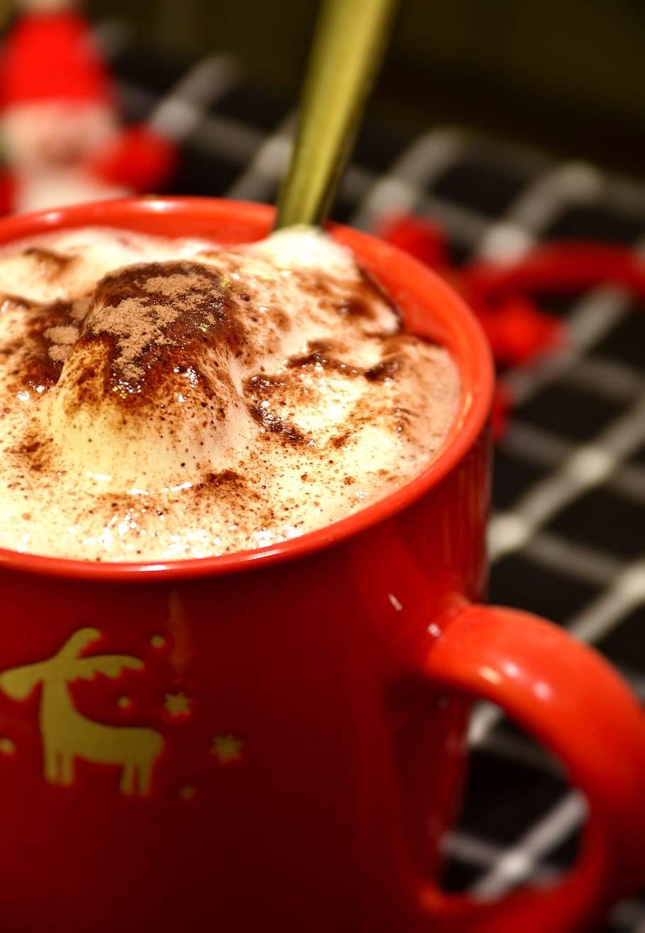 closeup photo of frappe inside red mug, cup, chocolate, cocoa, HD wallpaper