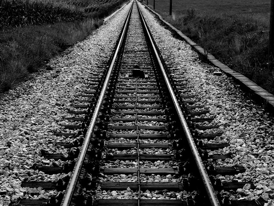 grayscale photography of train railroad, tracks, rails, vanishing point HD wallpaper