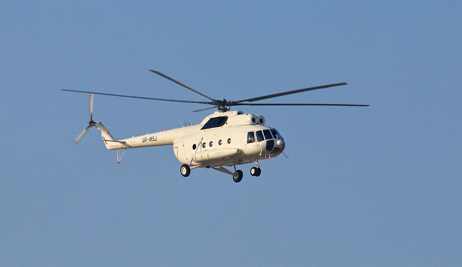 white helicopter under blue sky during daytime, white helicopter flying on air HD wallpaper