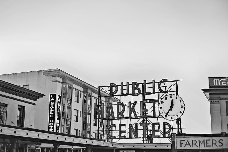 grayscale photo of PUBLIC MARKET CENTER signage, seattle, starbucks, HD wallpaper